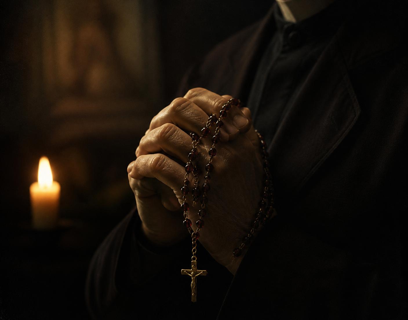 Hands folded around a rosary in candlelight