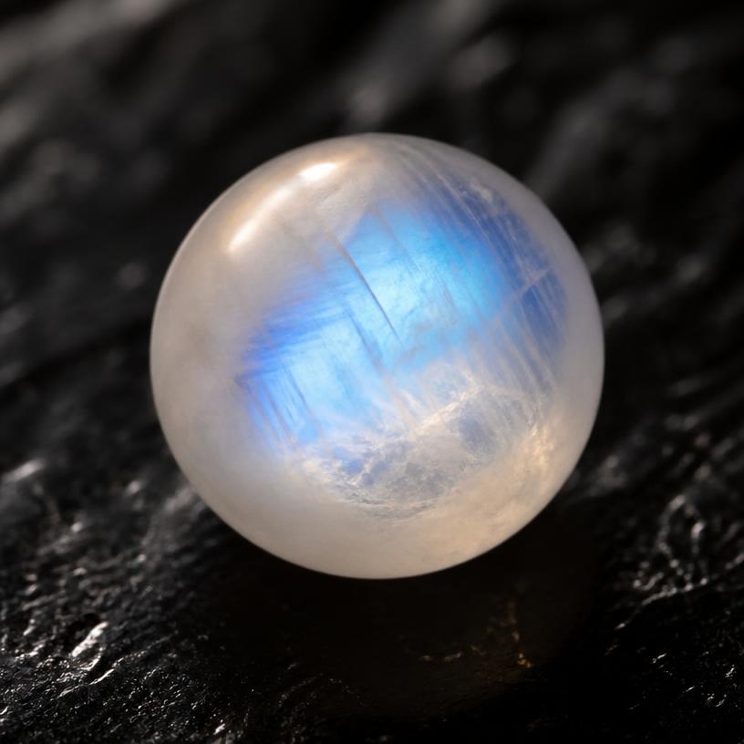 Moonstone — Milky translucence with a blue adularescent glow.